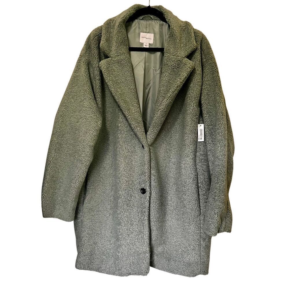 NEW Daily Ritual Teddy Bear Coat Women's Size XXL Sage Green Oversized Cozy Fit